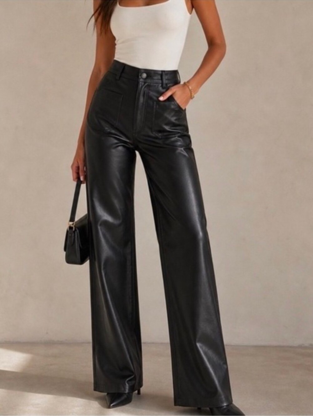 New Zara Black Faux Leather Wide Leg High Rise Pants Size S